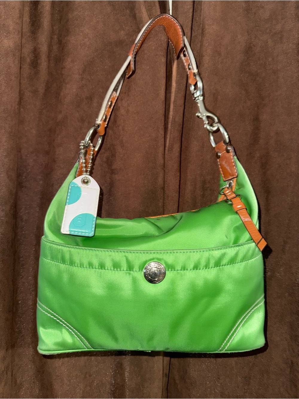 Coach Y2K Bright Green Shoulder Bag with Tan Leather Trim